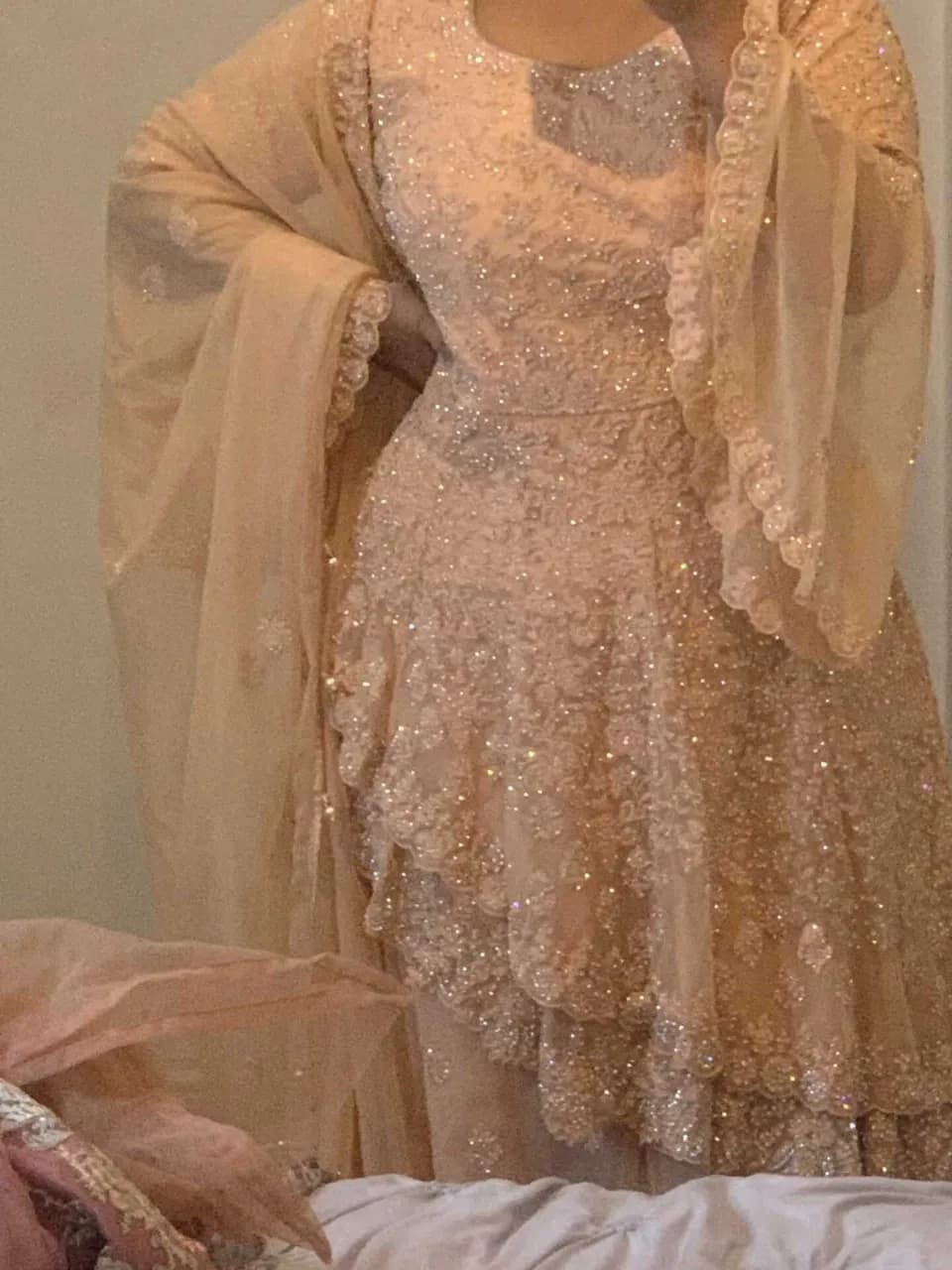 Peach, asymmetrical shararah trouser outfit