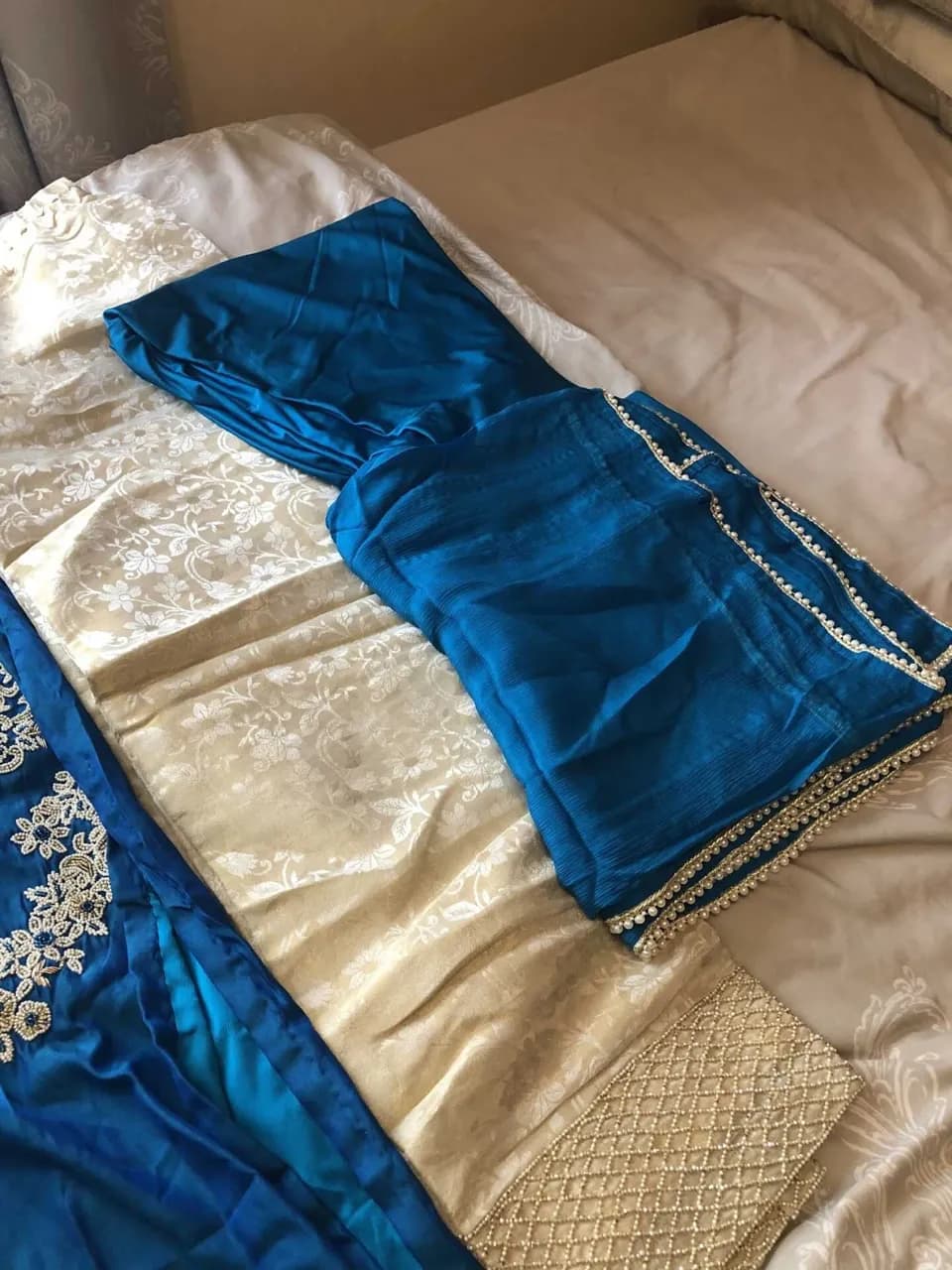 Blue Long Frock with White Trousers/Blue Pyjama and Blue Chunni