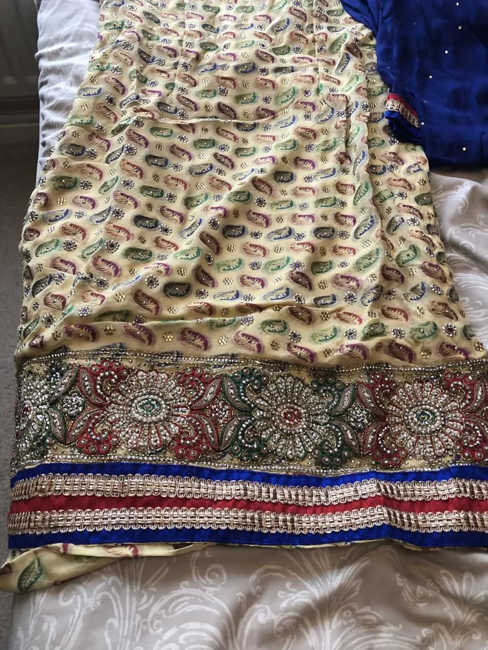 Cream Suit with Blue/Green and Red Jewels with Salwaar and Chunni thumbnail 2