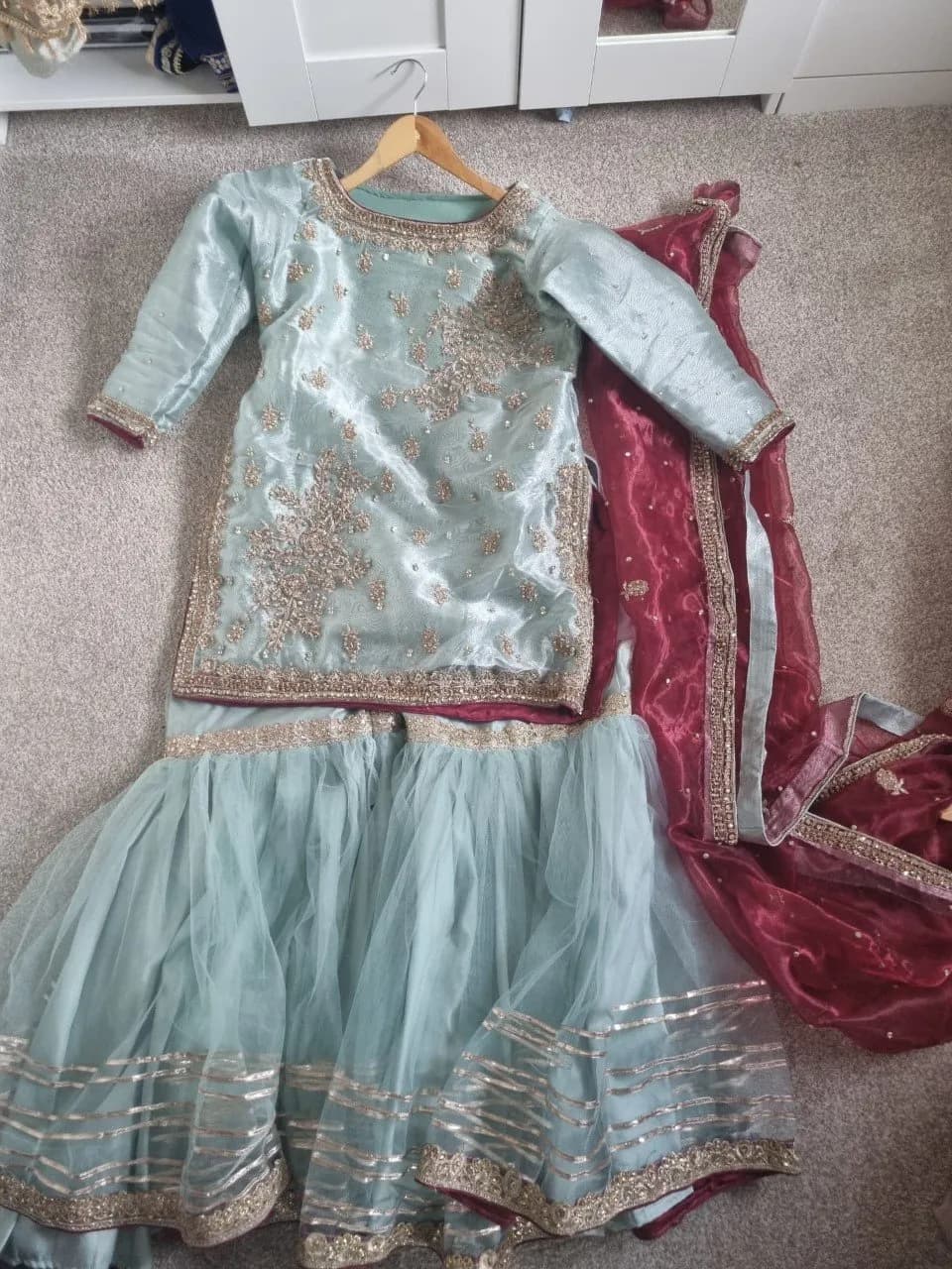 Women’s Ice blue and maroon organza Gharara