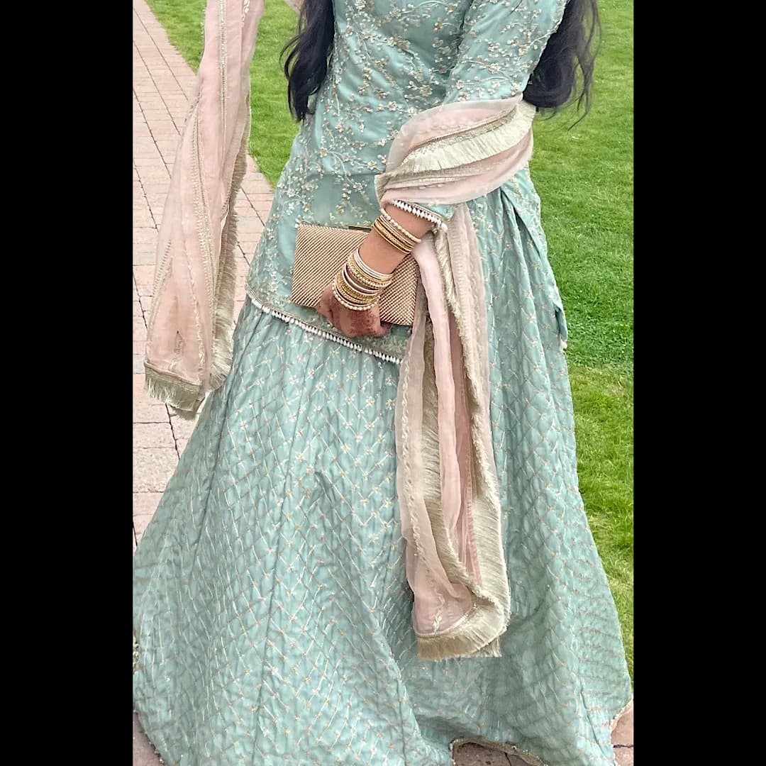 Mint blue and pink bridesmaid outfit