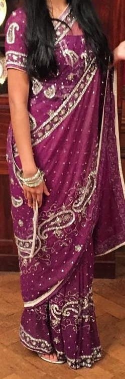 Women's purple sari, heavy silver embroidery