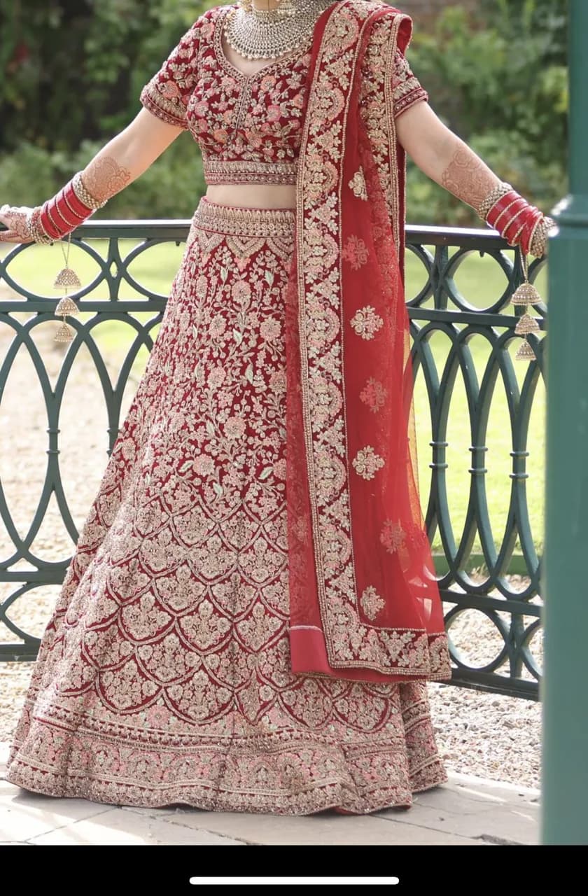 Monga’s red bridal lengha thumbnail 5