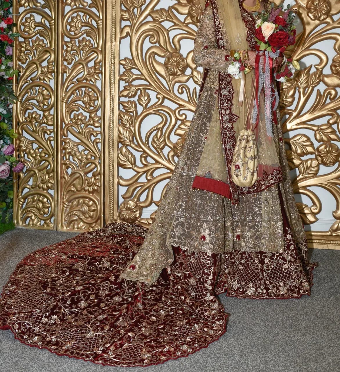 Gold and Maroon Bridal Lengha