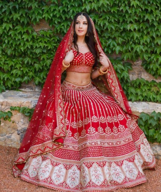 Red Silk Designer Bridal Lehenga - Blouse, Skirt &amp; 2 Matching Dupattas