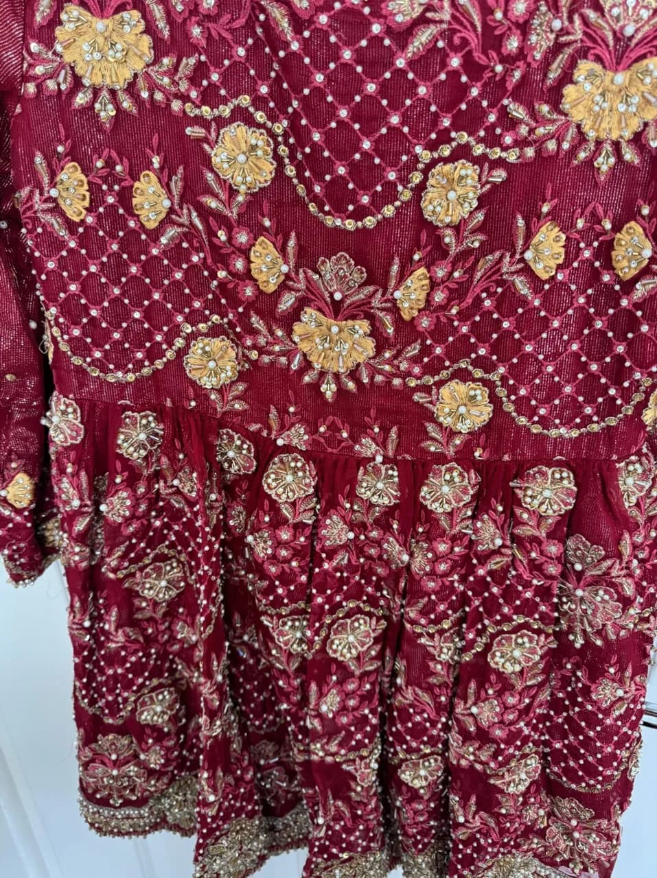 Red and Gold Two piece Bridal Peplum and Gharara thumbnail 3