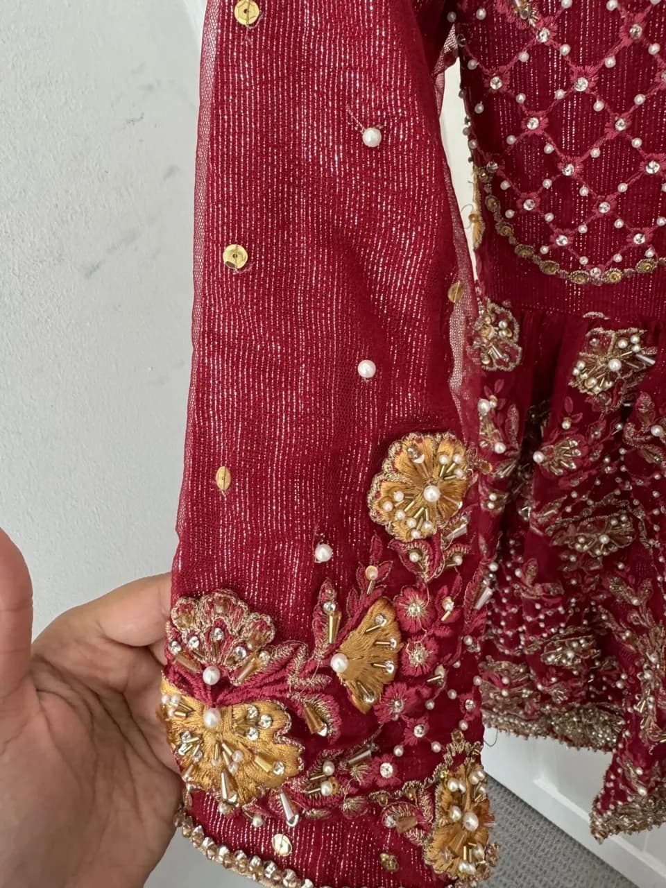 Red and Gold Two piece Bridal Peplum and Gharara thumbnail 4
