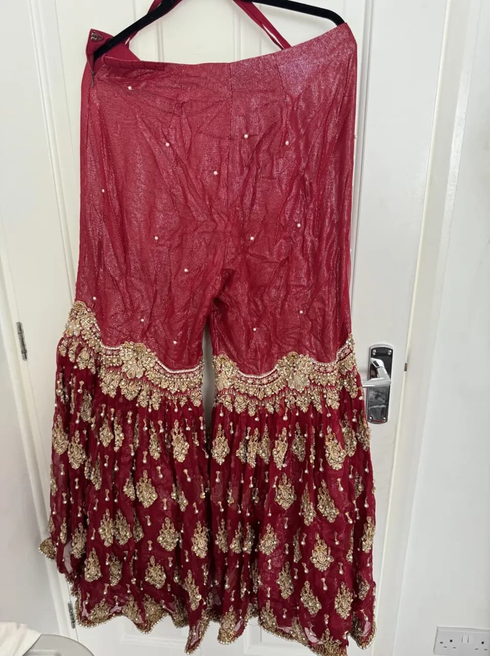 Red and Gold Two piece Bridal Peplum and Gharara thumbnail 5
