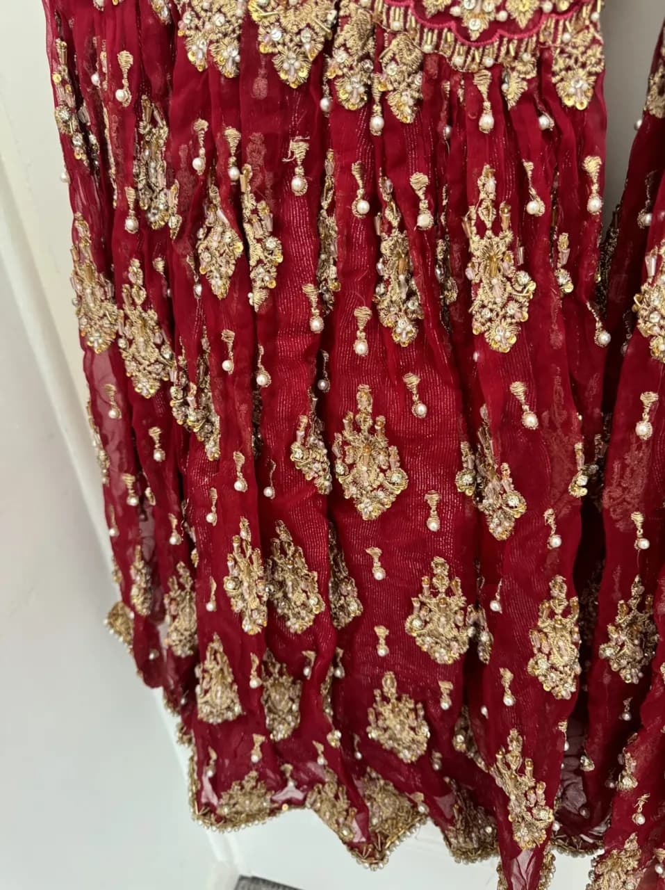 Red and Gold Two piece Bridal Peplum and Gharara thumbnail 6
