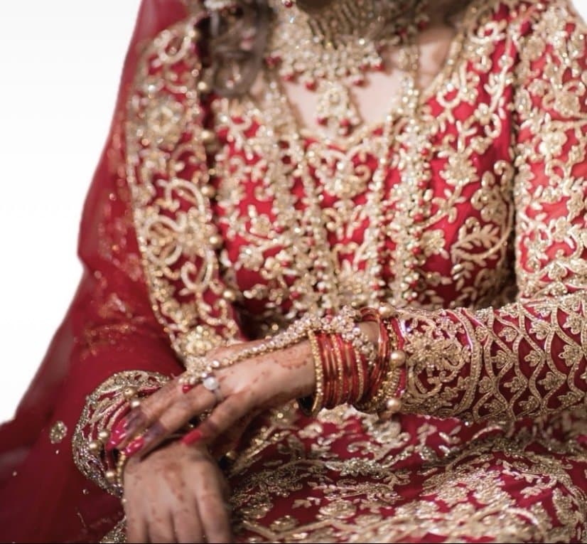 Red and gold Asian wedding lengha thumbnail 2