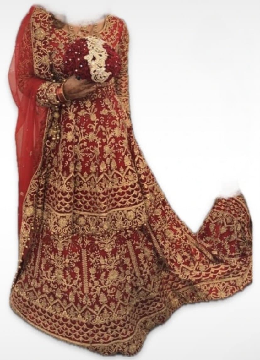 Red and gold Asian wedding lengha thumbnail 3