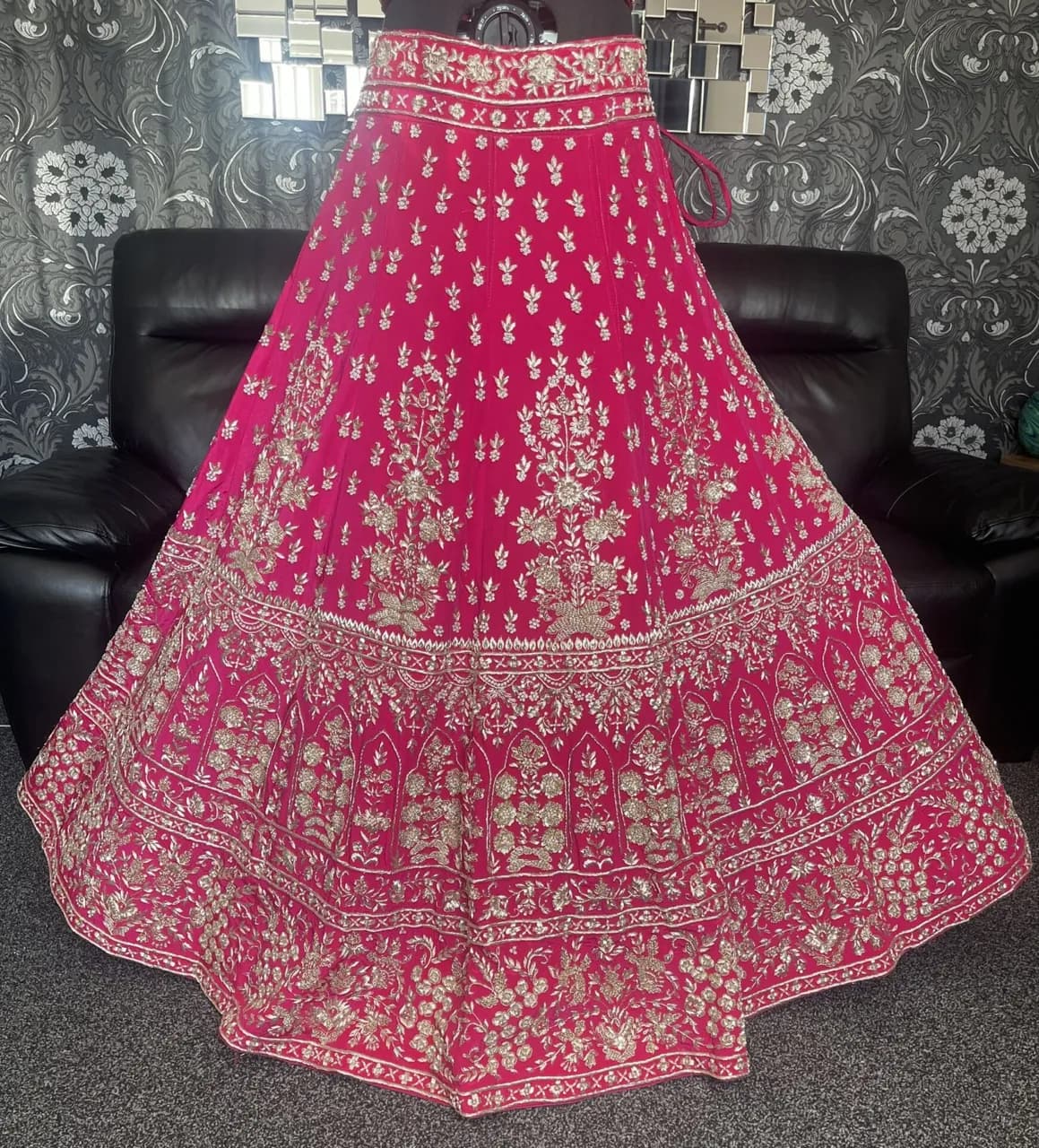 Cerise pink pure silk Reception lehenga and blouse with pure chiffon chunni and all handmade embroidery thumbnail 3
