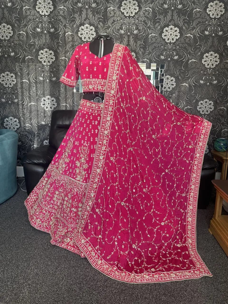 Cerise pink pure silk Reception lehenga and blouse with pure chiffon chunni and all handmade embroidery thumbnail 4