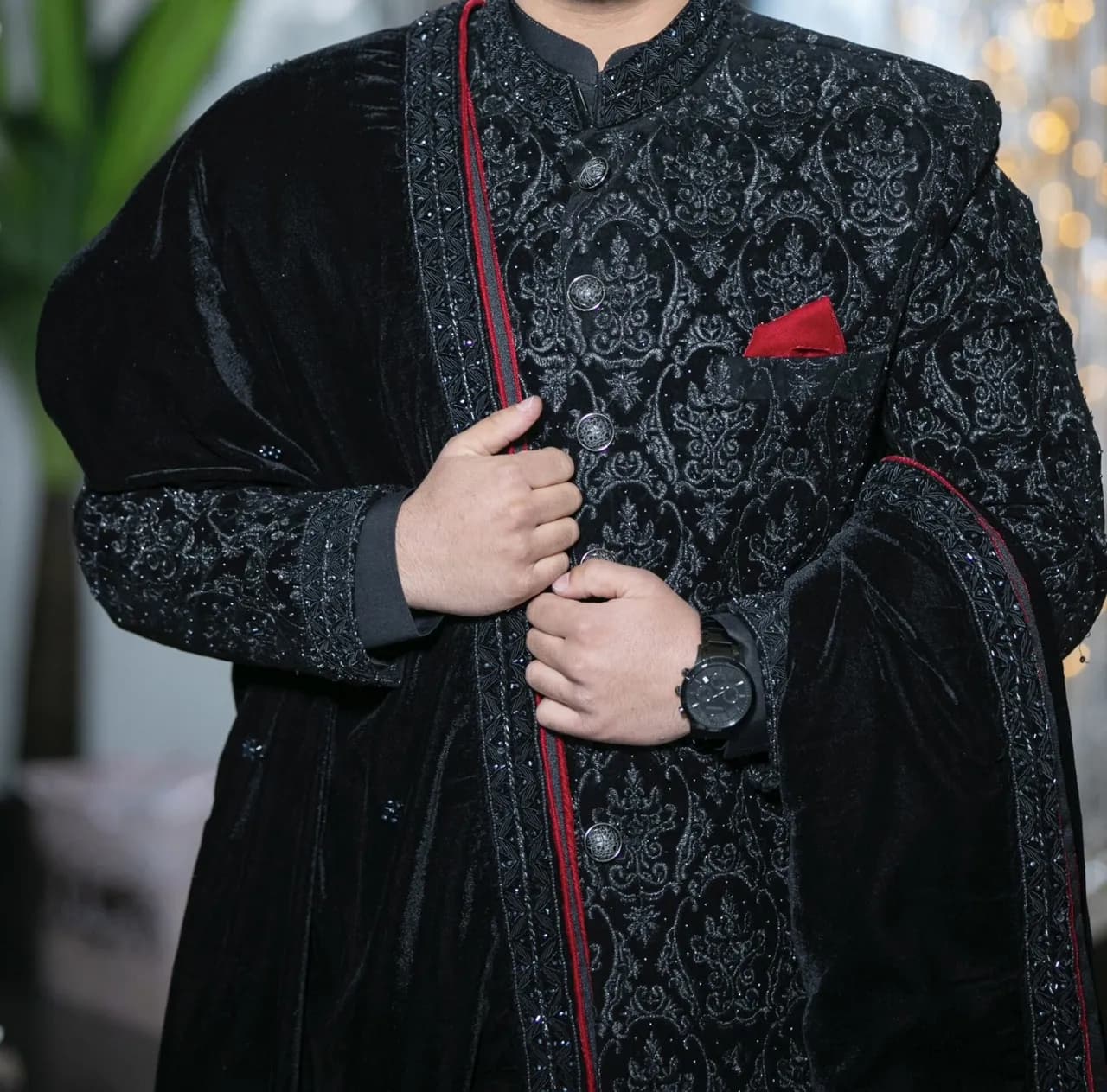 Black Grooms Sherwani by Hassan Shafiq