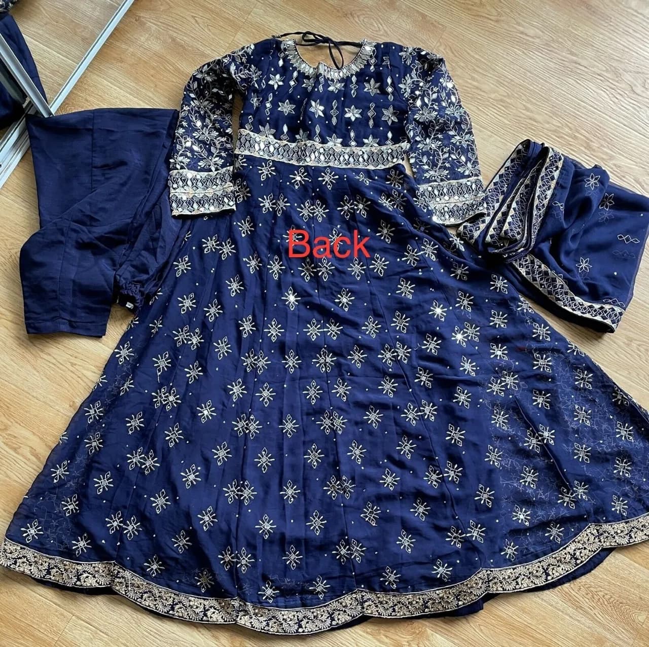 Navy blue heavy mirror Anarkali 3pc outfit Wedding Party Wear long Maxi dress S