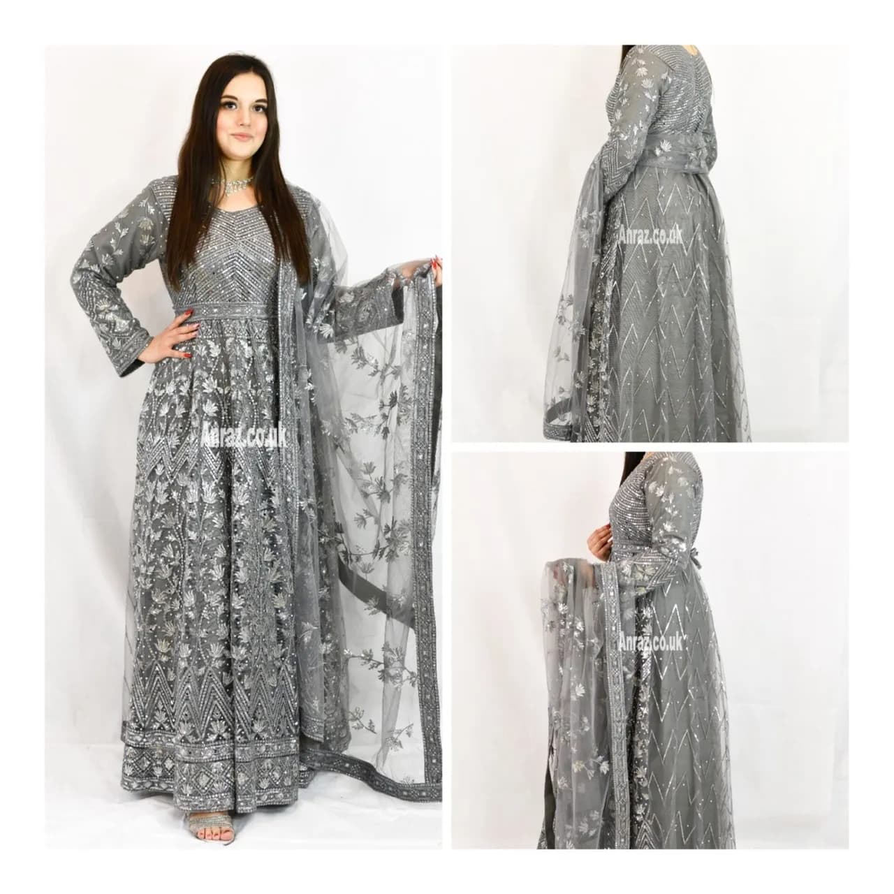 Grey Indian Pakistani Wedding Gown long dress Asian Stitched Maxi Partywear - S