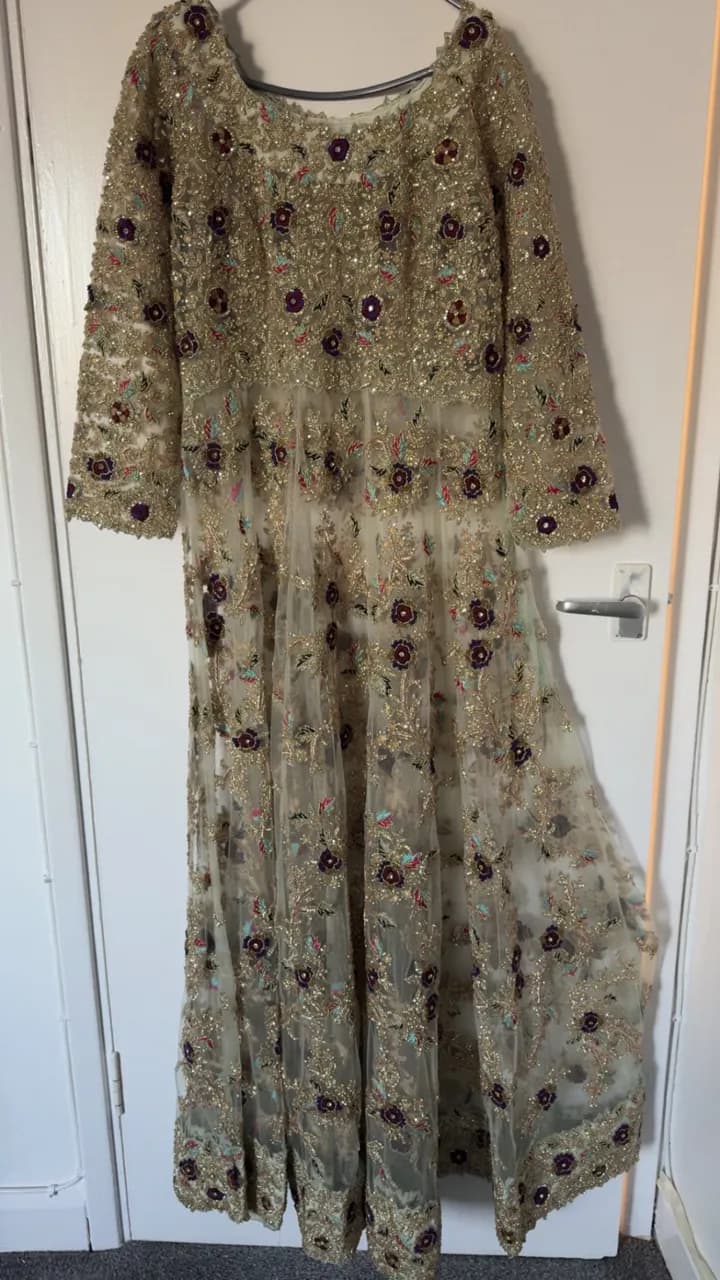 Gold Net Embroidered Asian Formal Dress With Inner Gown – Heavy Handwork – UK 8/10