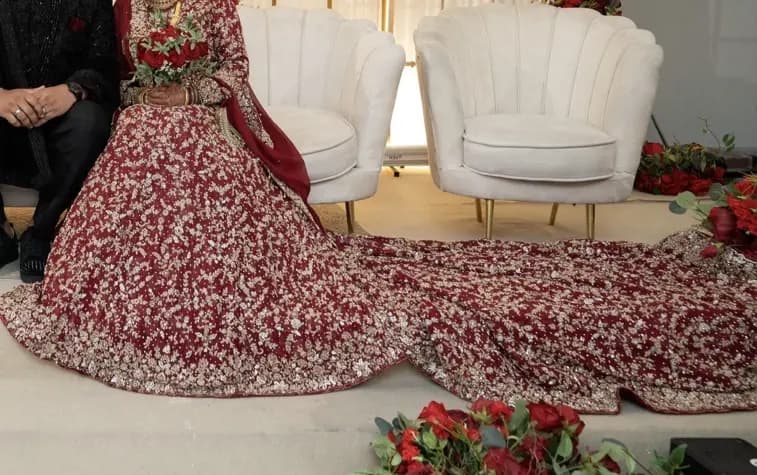 Luxury Red Bridal Lengha with Long Trail - Heavy Hand Embroidery thumbnail 5