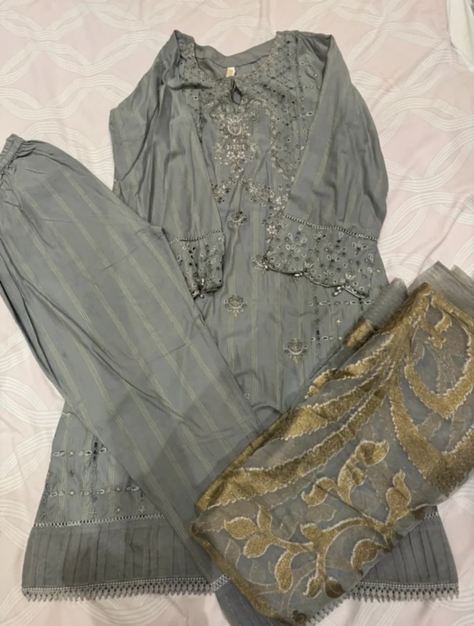 Motif Grey Embroidered 3-Piece Ethnic Suit with Dupatta