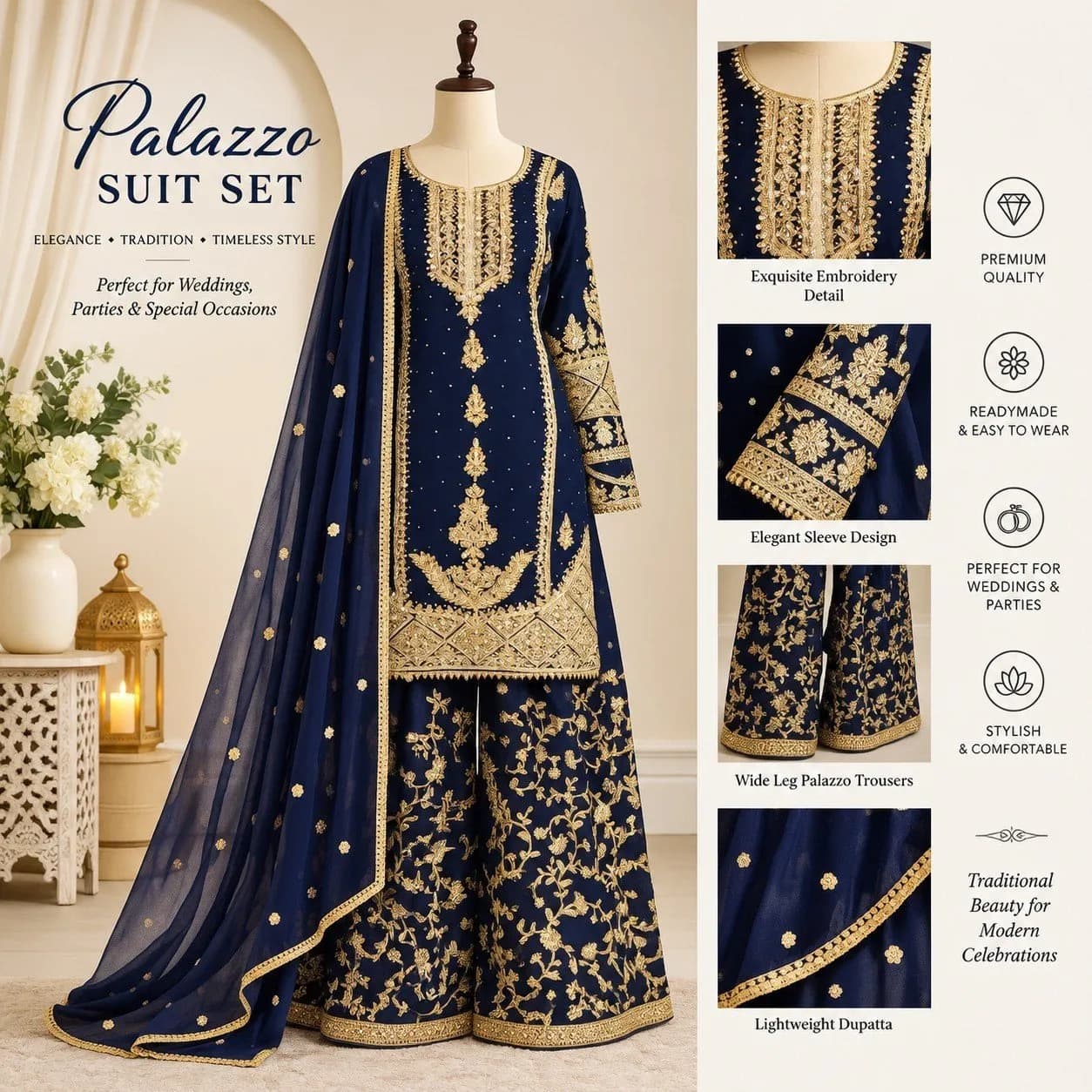 Palazzo wide leg trouser suit Readymade Wedding dress navy blue Gold embroidery Partywear outfit — image 1
