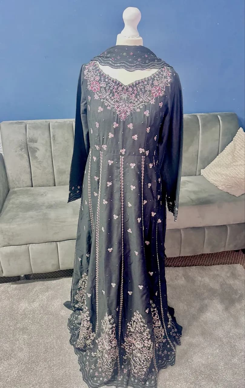 Batik Black Embroidered 3-Piece Suit with Tags – Maxi, Trousers & Dupatta — image 1