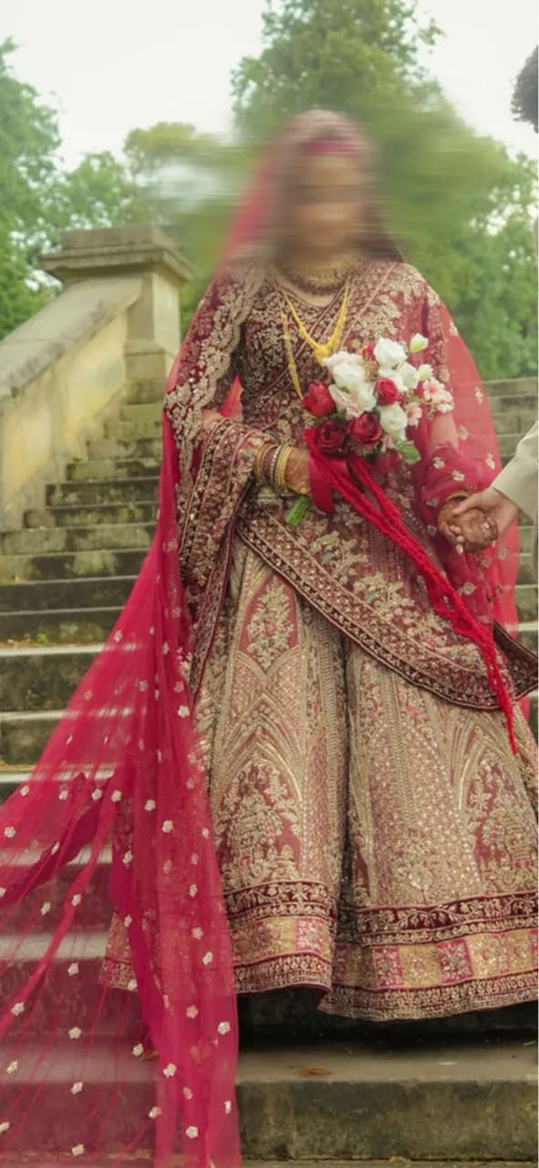 Mongas Red bridal lengha set with a veil and dupatta included — image 1