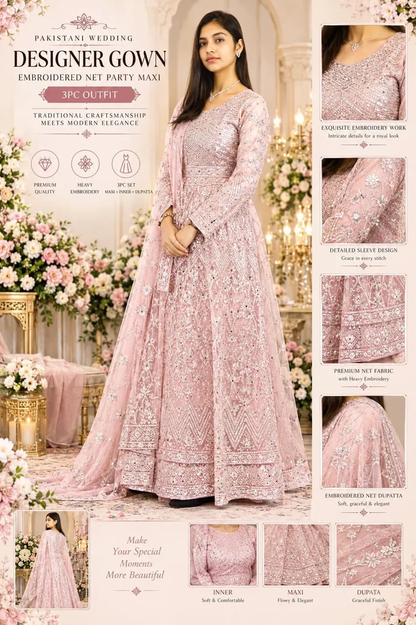 Pink dress Pakistani Wedding designer Gown embroidered Net party Maxi 3pc outfit — image 1