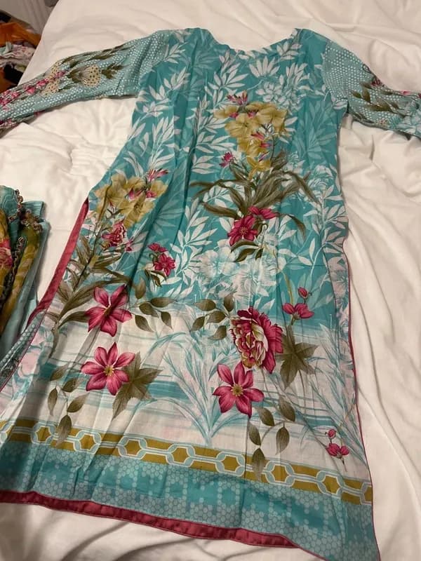 Lovely sky blue 3 piece suit, embroidered shirt with printed back, warm scarf — image 1