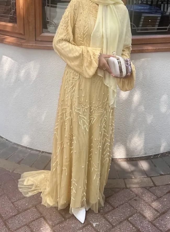 PALE YELLOW PEARL EVENING DRESS WITH BALLOON SLEEVE — image 1