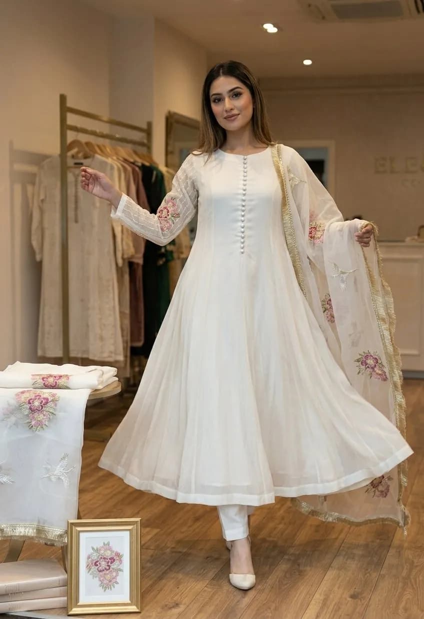 Readymade Anarkali dress Nikkah Engagment wedding special occasion Salwar Kameez 3pc suit ivory white outfit UK — image 1