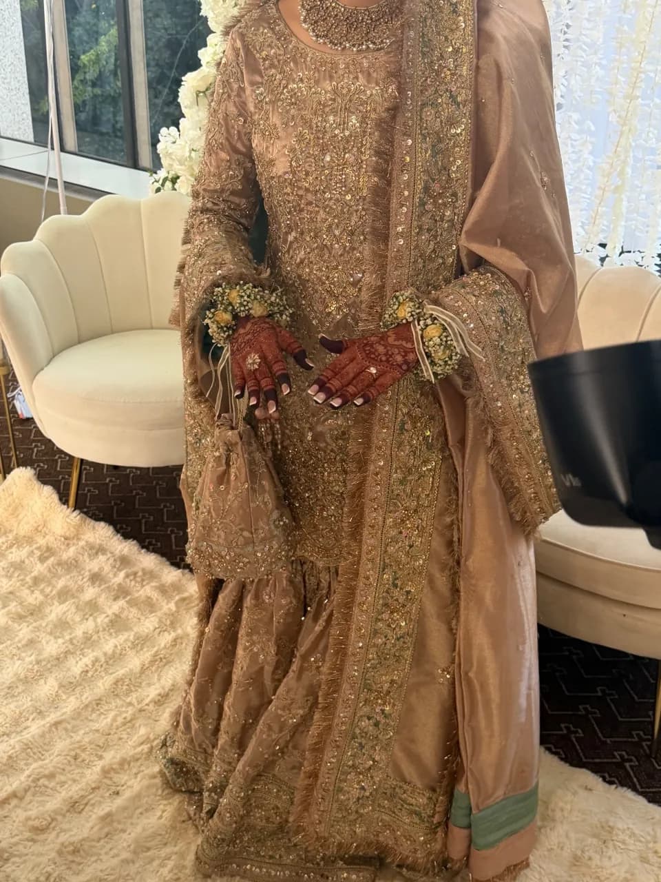 Kanwal Maliha Gharara rosy pink heavily embellished, used for Nikka