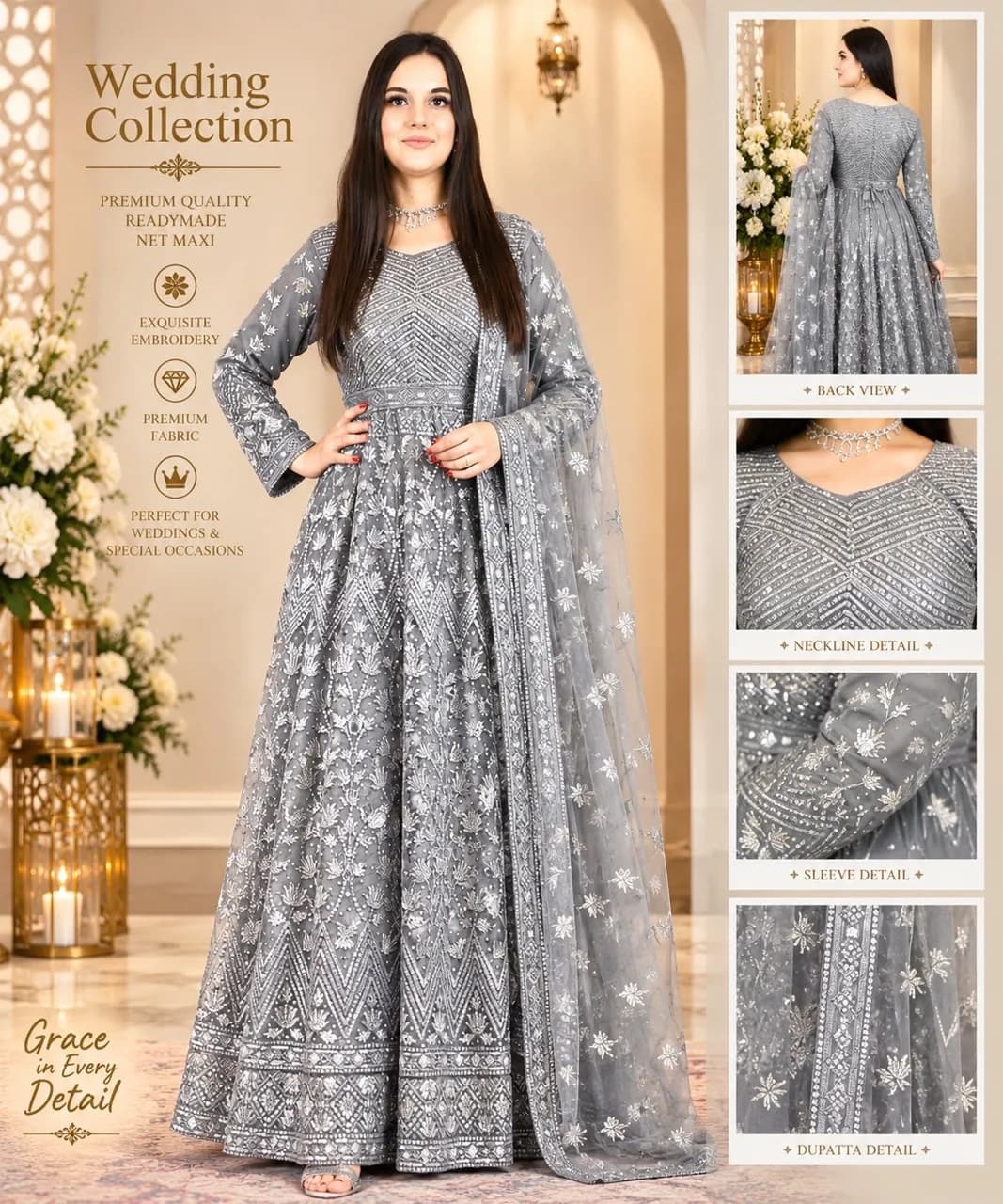 Grey Indian Pakistani Wedding Gown long dress Asian Stitched Maxi Partywear