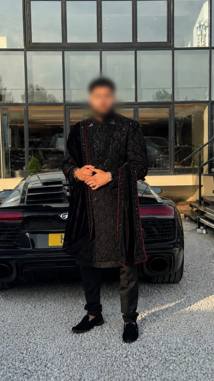 black sherwani with necklace and shoes included — image 1