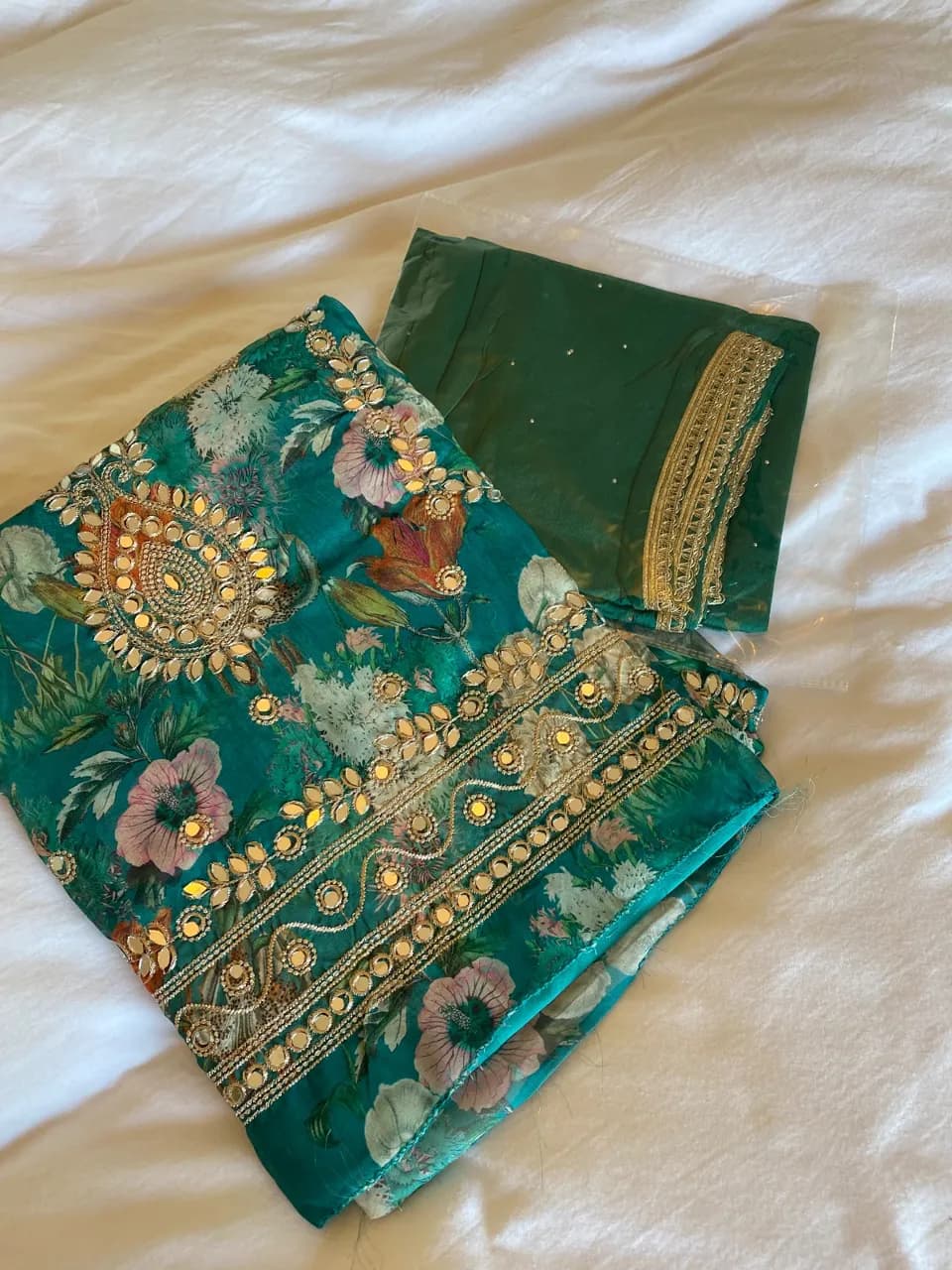 Emerald Floral Mirror-Work unstitched Suit - OBO — image 1