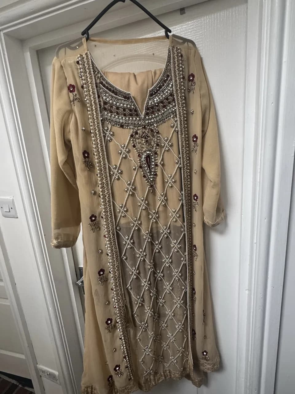 Traditional Pakistani Embroidered Suit – Beige & Maroon – Heavy Beaded Detail
