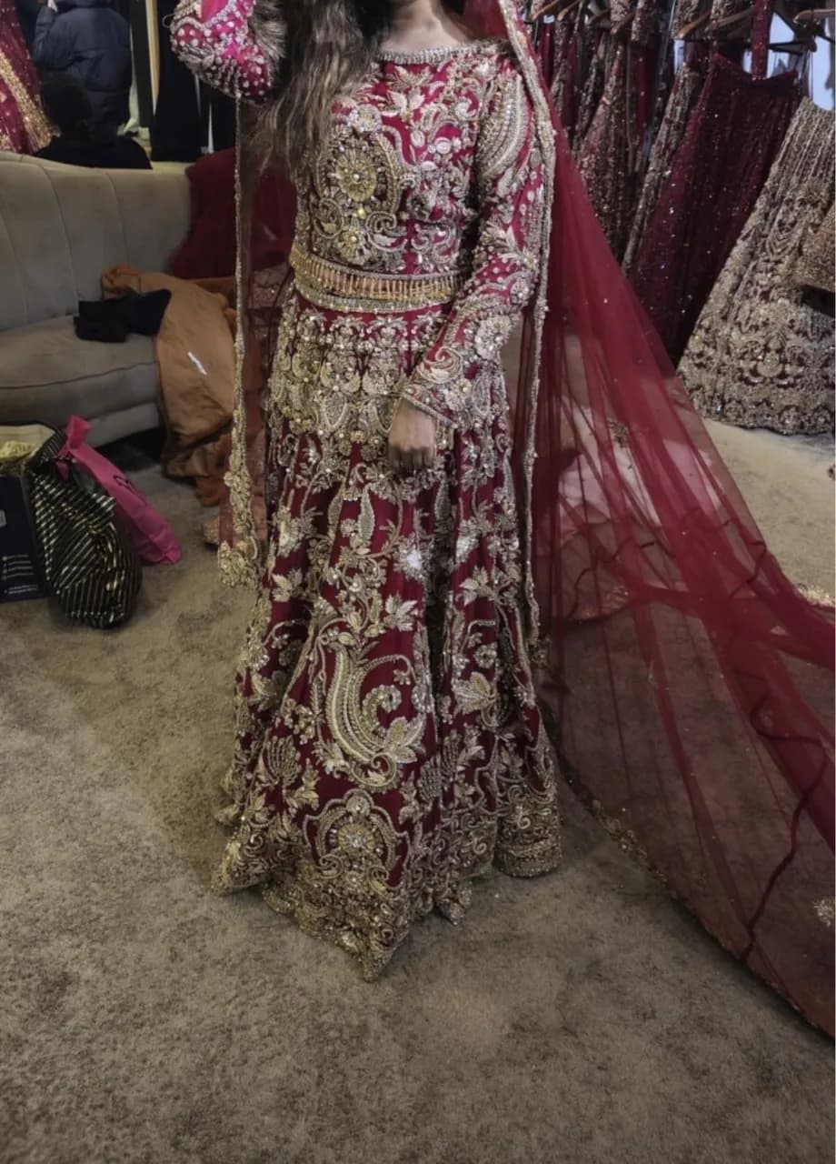 Red bridal lengha with dupatta (trail) — image 1