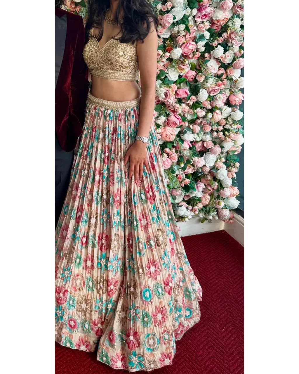 Luxury Champagne Gold & Multicoloured Floral Embroidered Lehenga