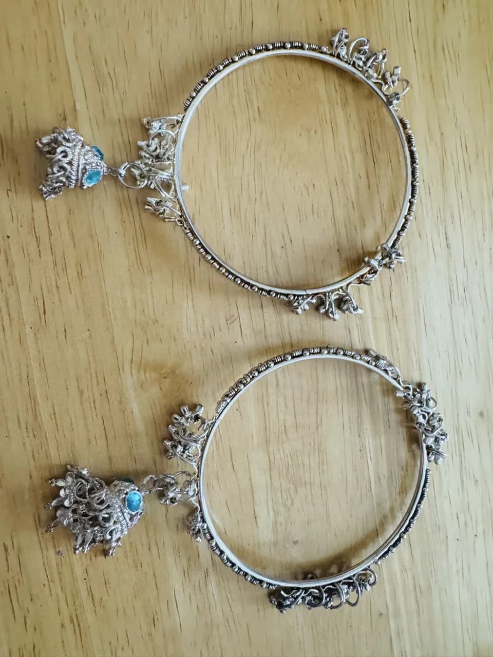 Indian silver tone jhumka charm bangles pair with turquoise stones