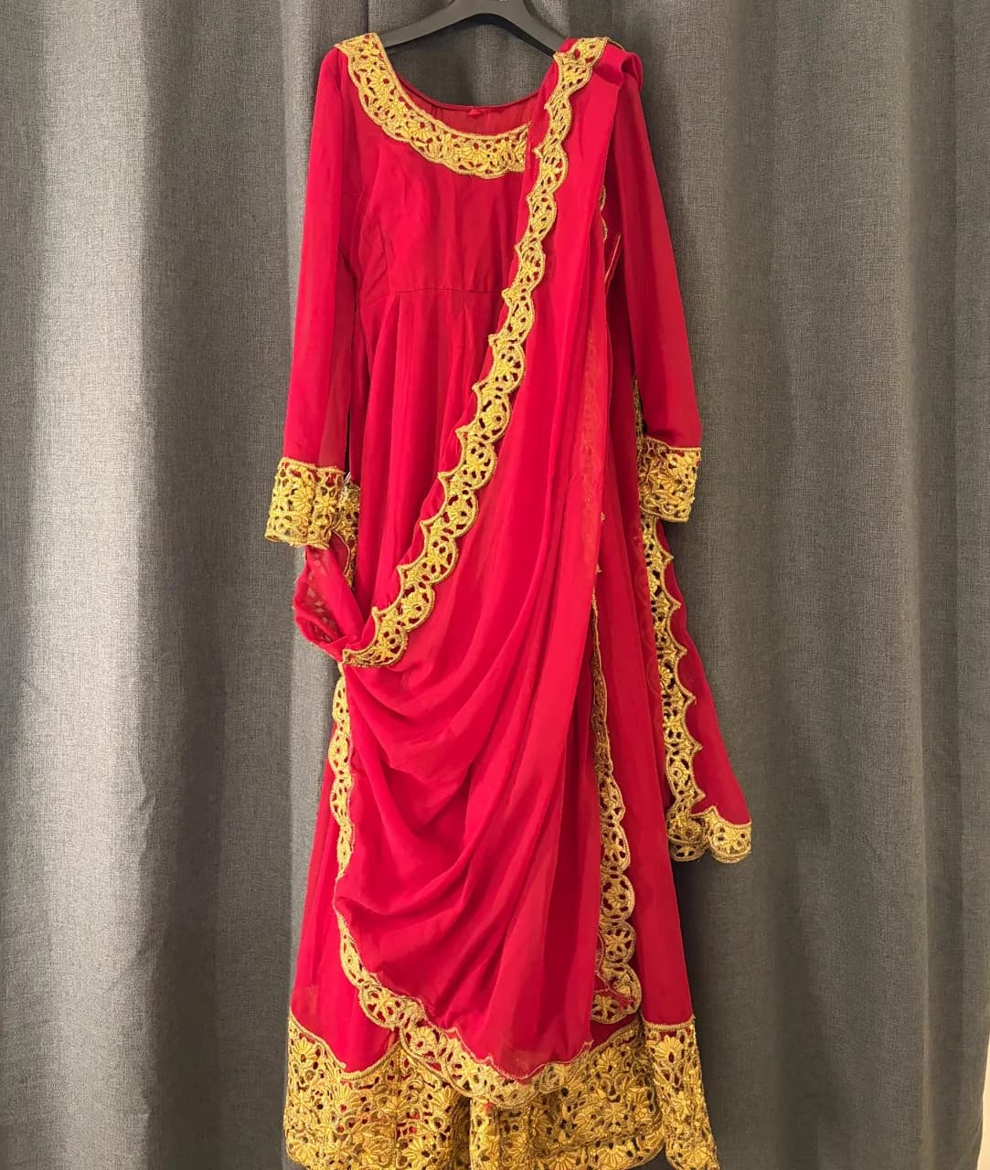 Red & Gold Embroidered Anarkali Style Dress with Saree Drape