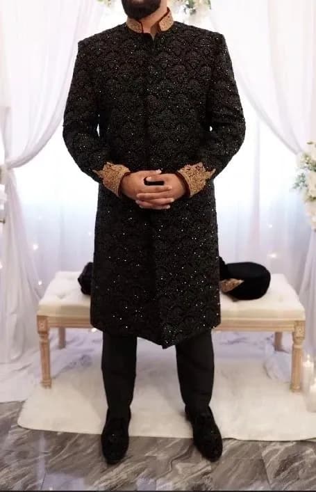 Maryam Faisal Luxury Black & Gold Groom's Sherwani Set Complete Outfit | M/L