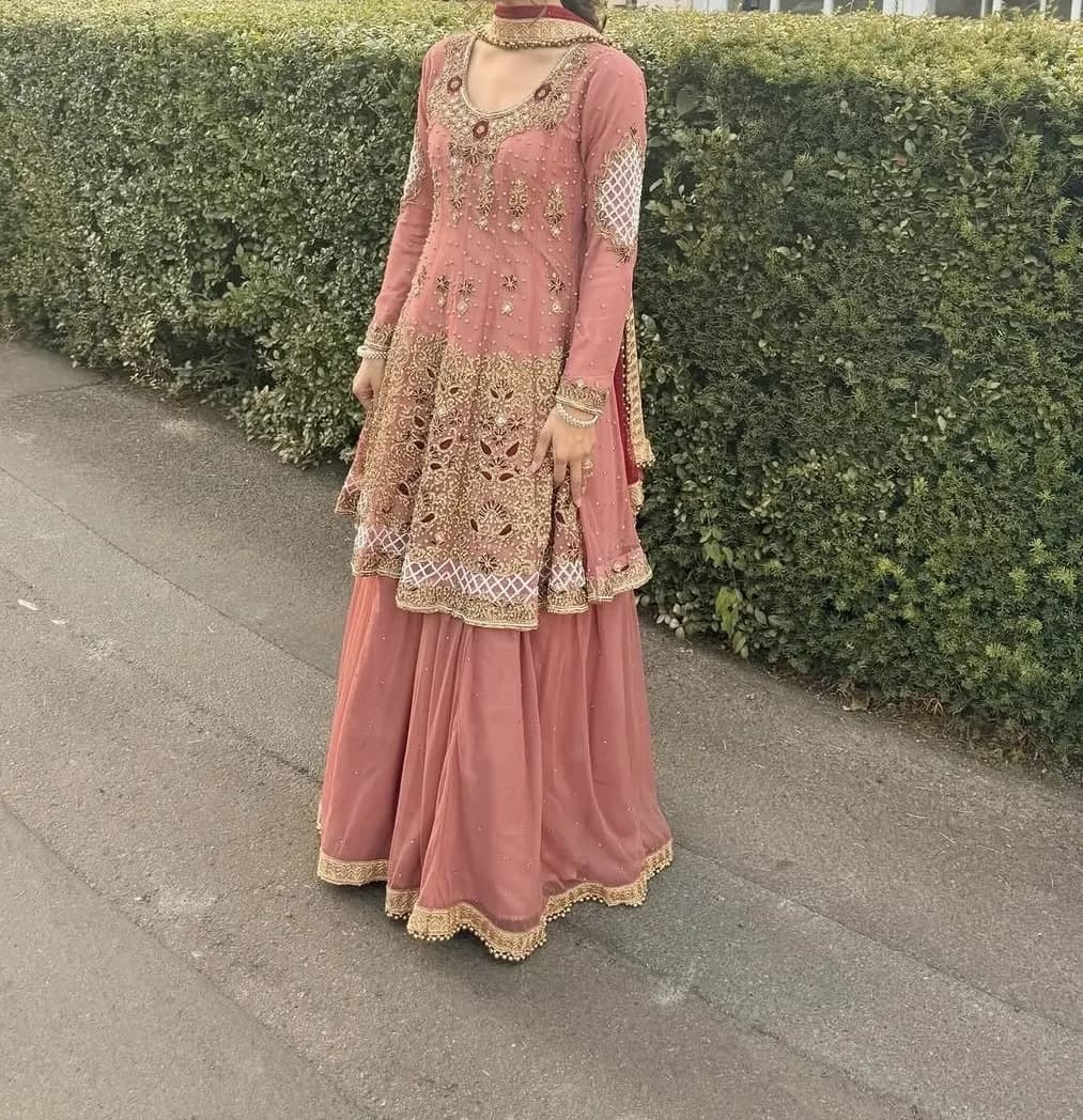 Dusty pink, red and gold Peplum dress and Lengha outfit — image 1