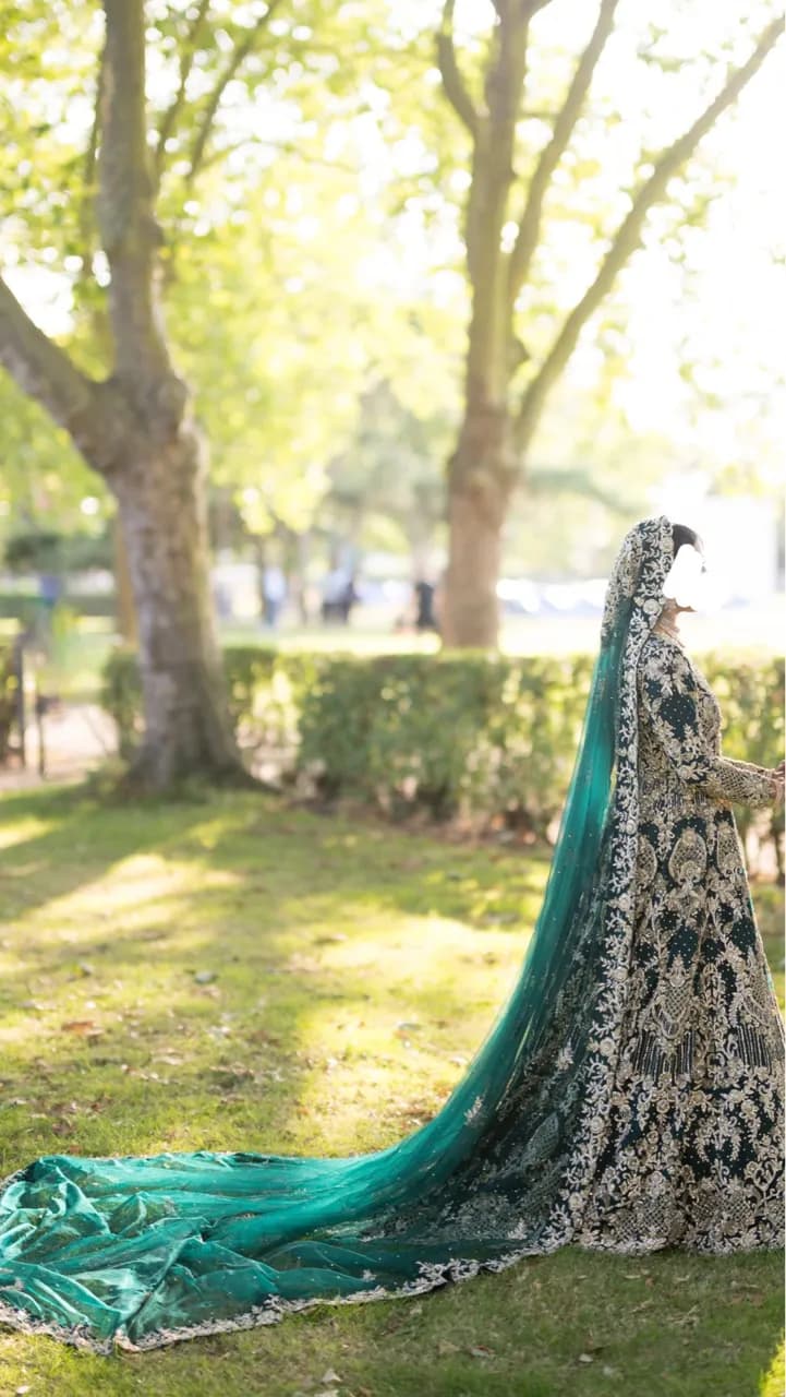 Emerald Green Embellished Bridal Gown with Long Veil & Matching Bag — image 1