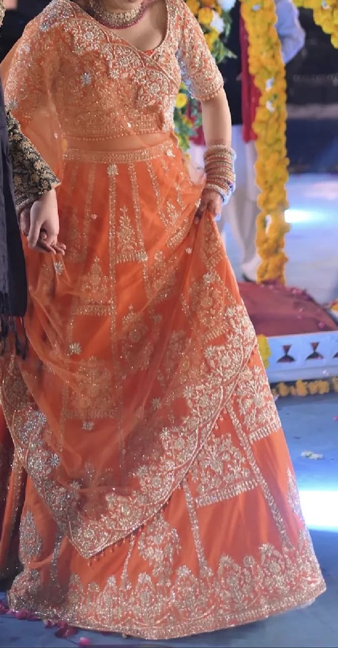 Bridal Orange Lengha - heavy embroidery — image 1