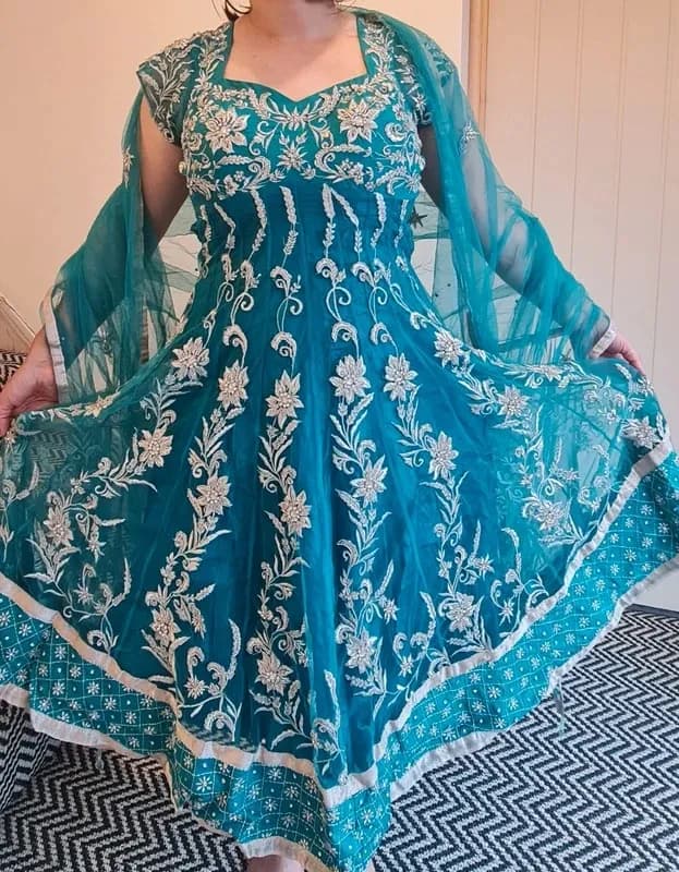 Mongas turquoise & silver Anarkali suit - 3 piece, petite UK 8-10
