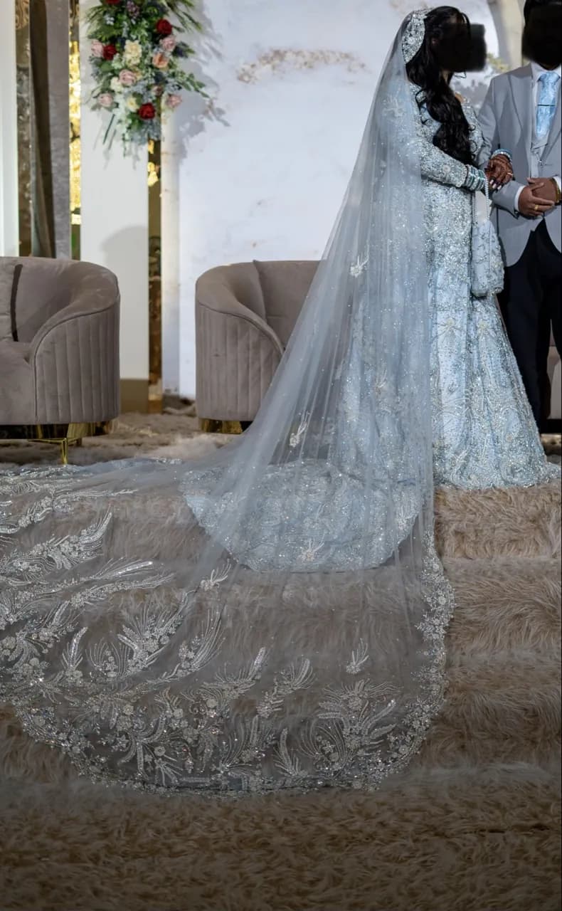 Bespoke Ice Blue & Silver Walima Bridal Lehenga – Heavy Embellished Pakistani Wedding Dress — image 1