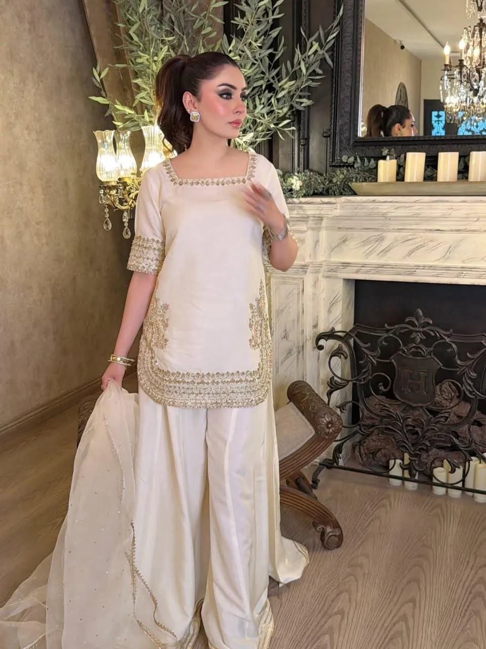 Women’s White Salwar Kameez Set with Gold Embroidery & Matching Dupatta — image 1