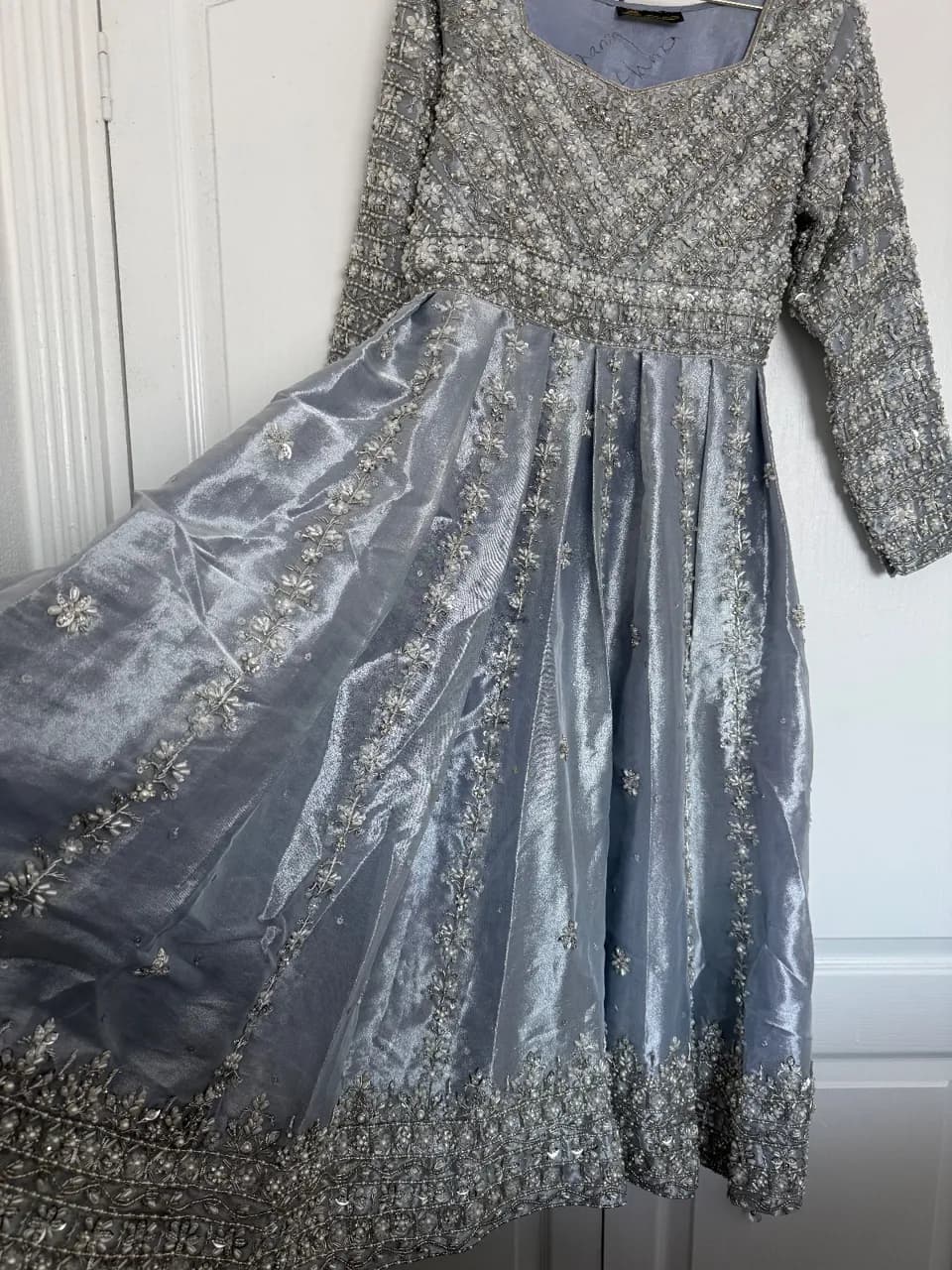 Party wear, wedding guest, heavy silver dress — image 1