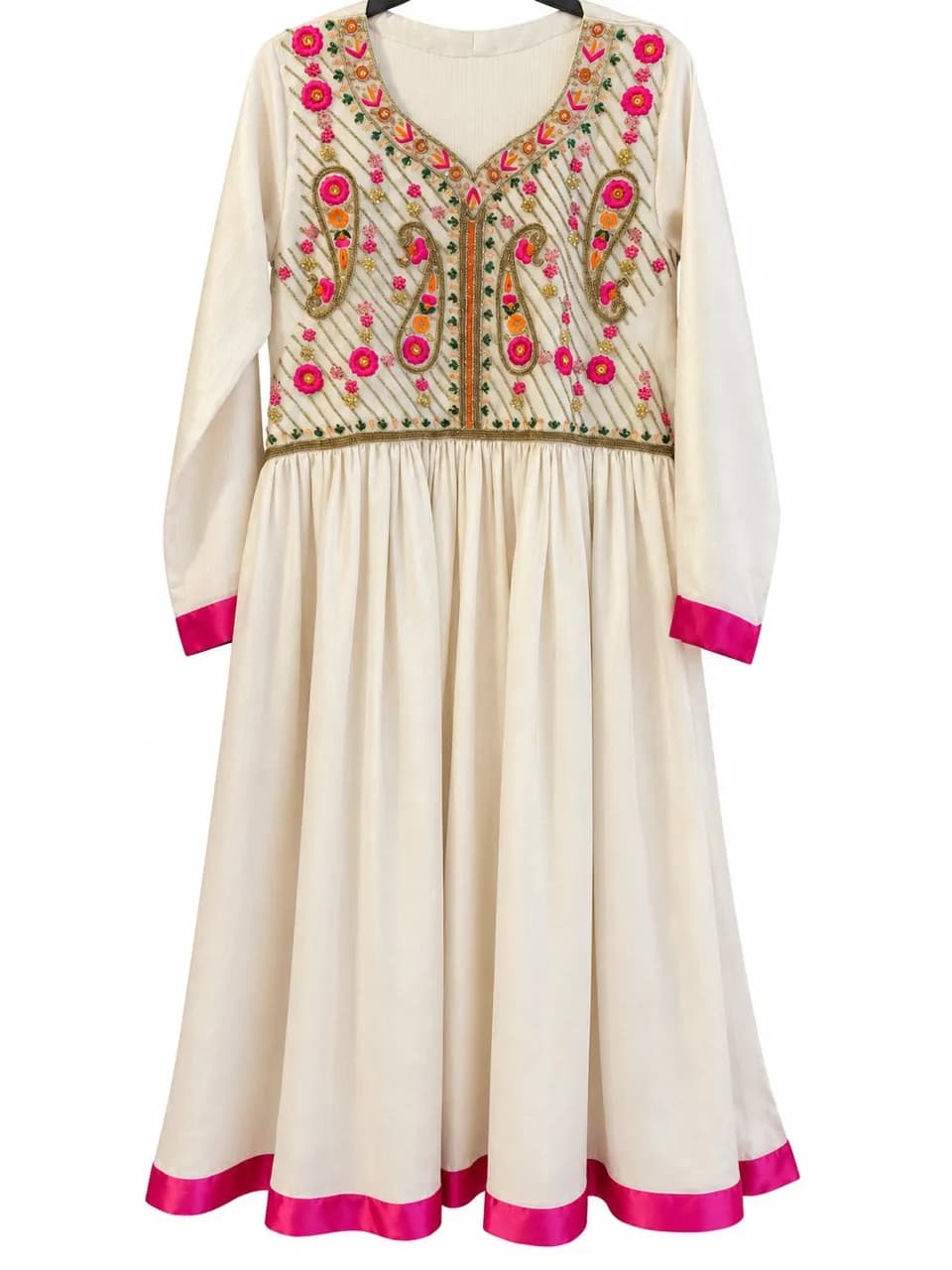 Ivory Full-Length Embroidered Dress with Pink Trim — image 1