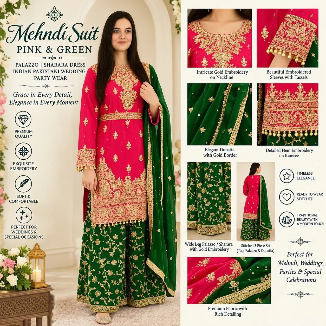 Mehndi suit Pink Green Palazo Indian Pakistani Wedding Sharara dress Party wear — image 1