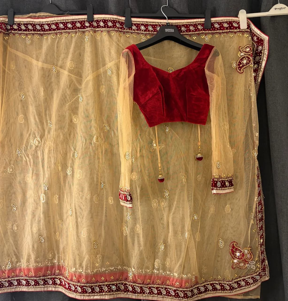 Cream & Burgundy Embellished Net Saree with Custom-Stitched Blouse